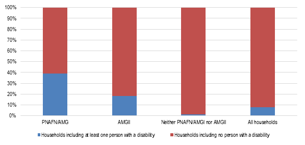 Households including at least one person with a disability as percentage of households covered by PNAFN/AMGI, by AMGII, by neither, and all households, Tunisia, 2014: PNAFN/AMG: Households including at least one person with a disability: 3.2453, households including no person with a disability: 5.0547. AMGII: households including at least one person with a disability: 3.9494, households including no person with a disability: 17.7506. Neither PNAFN/AMG nor AMGII: households including at least one person with a disability: 0.847, households including no person with a disability: 69.153.  All households: households including at least one person with a disability: 8.04, households including no person with a disability: 91.96.