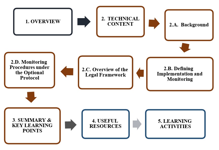 A module map with 5 steps. It starts with step 1 overview, then step 2 technical content that has 4 stages. It continues with stage 2A background, then stage 2B defining implementation and monitoring, then stage 2C overview of the legal framework, then stage 2D monitoring procedures under the optional protocol. The map continues with step 3 summary and key learning points, then step 4 useful resources and it ends with step 5 learning activities. 