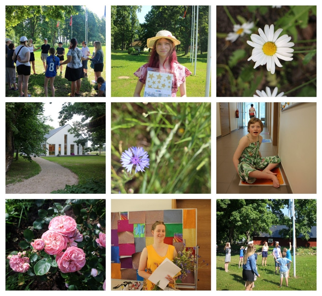 a collage of nine pictures depicting children with disabilities engaged in various summertime activities