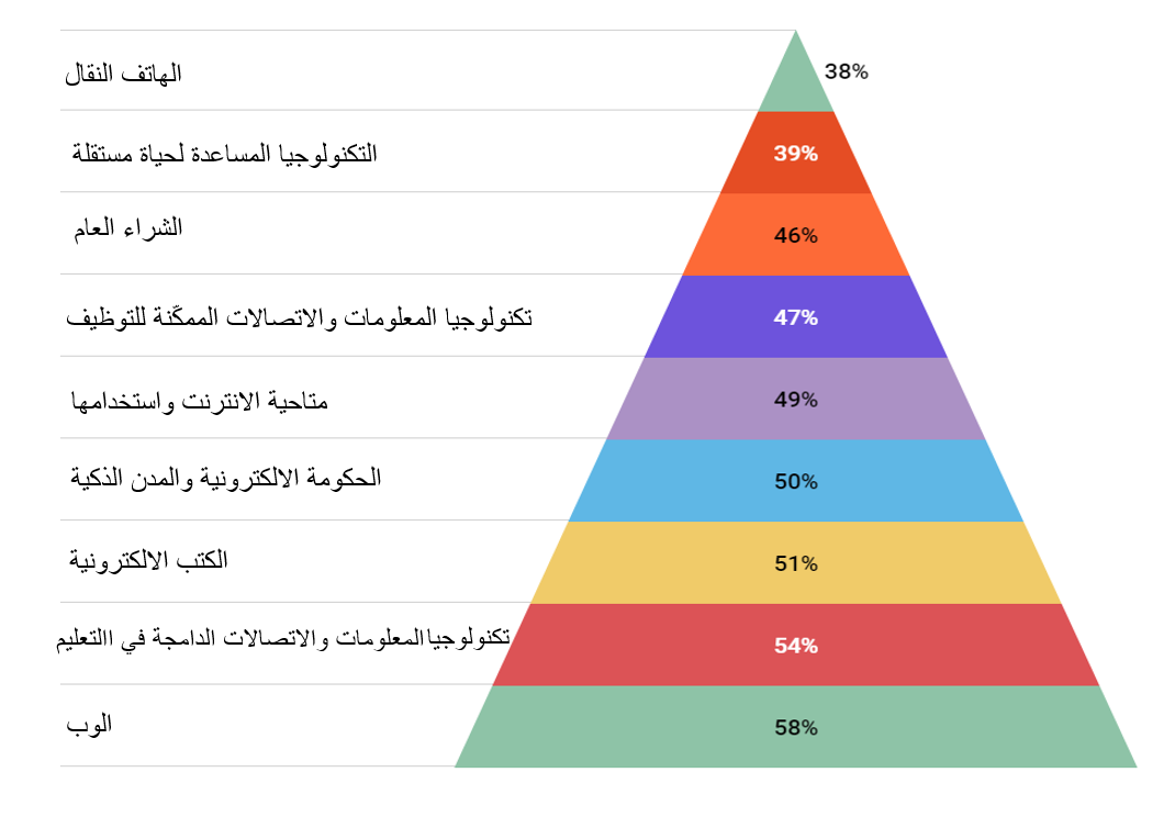 المستويات العالمية للتنفيذ ونتائج مجالات النفاذية: الأجهزة المحمولة 38%، التكنولوجيا المتقدمة وتكنولوجيا المعلومات والاتصالات للعيش باستقلالية 39%، المشتريات العامة 46%، تكنولوجيا المعلومات والاتصالات لتوفير فرص العمل 47%، توفر الإنترنت واستخدامها 49%، الحوكمة الإلكترونية والمدن الذكية 50%، الكتب الإلكترونية  51%، تكنولوجيا المعلومات والاتصالات الشاملة في التعليم 54%، شبكة الويب 58%. 